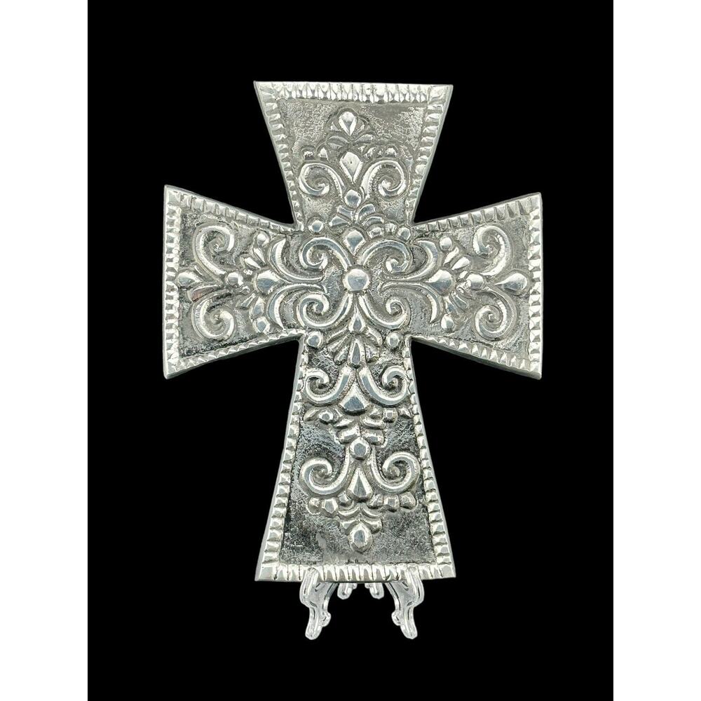 Vintage Silver Metal Cross to Hang with Scrolls & Exotic Design Made in India